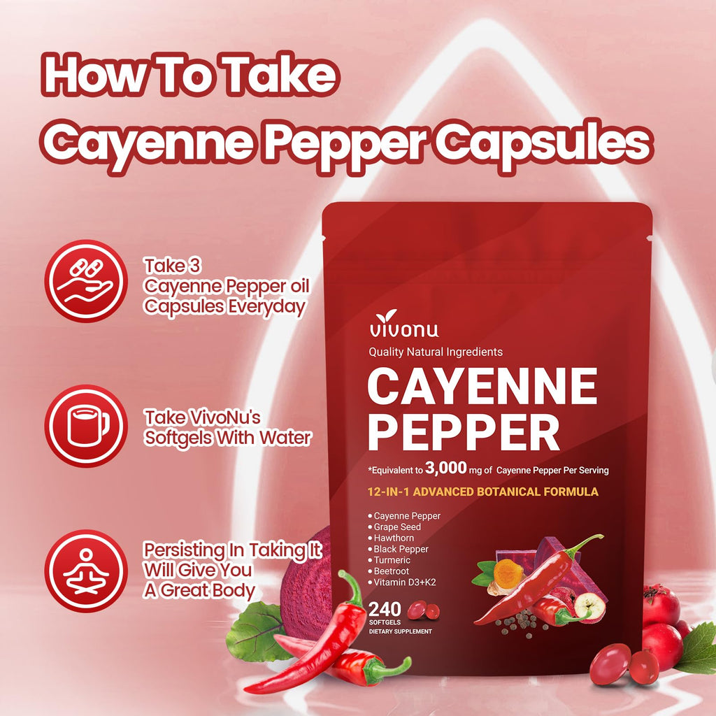 VivoNu Cayenne Pepper Softgels Supplement, Supports Leg Vein, Heart and Blood Vessel Health, with Vitamin E D3+K2 and Extracts of Grape Seed, Hawthorn, Beetroot and Others