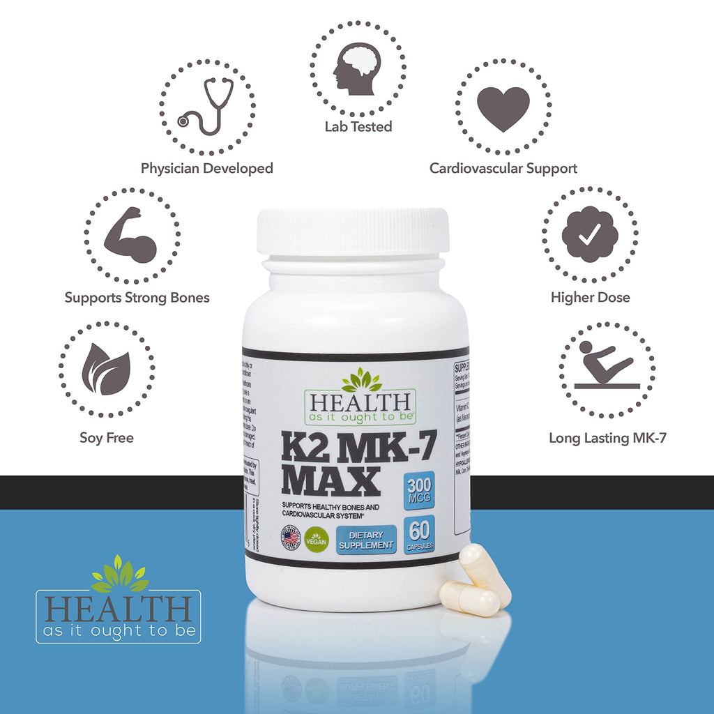 Health As It Ought To Be Vitamin K2 MK-7 Max 300 mcg Supplement – Extra Strength, Soy-Free Formula for Bone and Cardiovascular Health Support – 60 Capsules