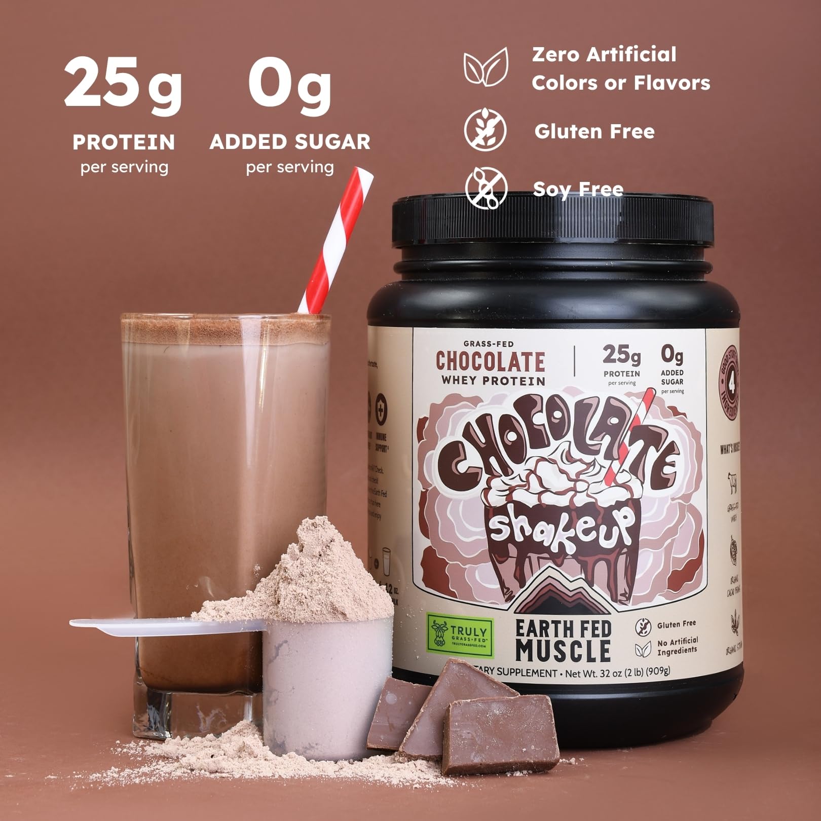 Earth Fed Muscle Chocolate Shakeup Irish Grass Fed Whey Protein Isolate, Third-Party Certified. 25g Protein, Chocolate - Non-GMO, Hormone Free, Soy Free, Gluten Free - 2 LB, 29 Servings
