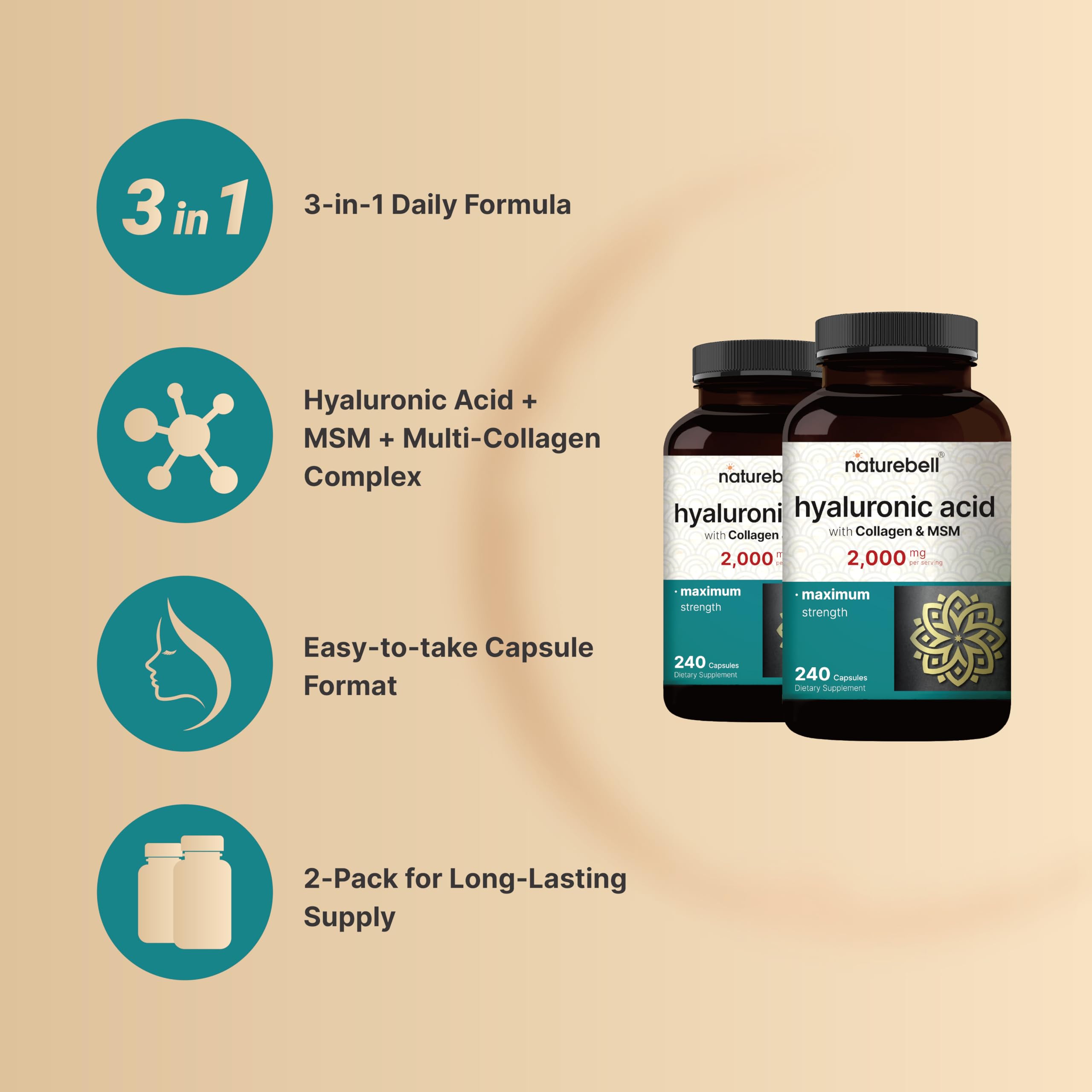 NatureBell 2 Pack Hyaluronic Acid Supplements 2,000 mg | 480 Total Capsules, with MSM & Hydrolyzed Bovine Collagen – 3 in 1 Support for Skin Hydration, Joint Lubrication, Hair, and Eye Health