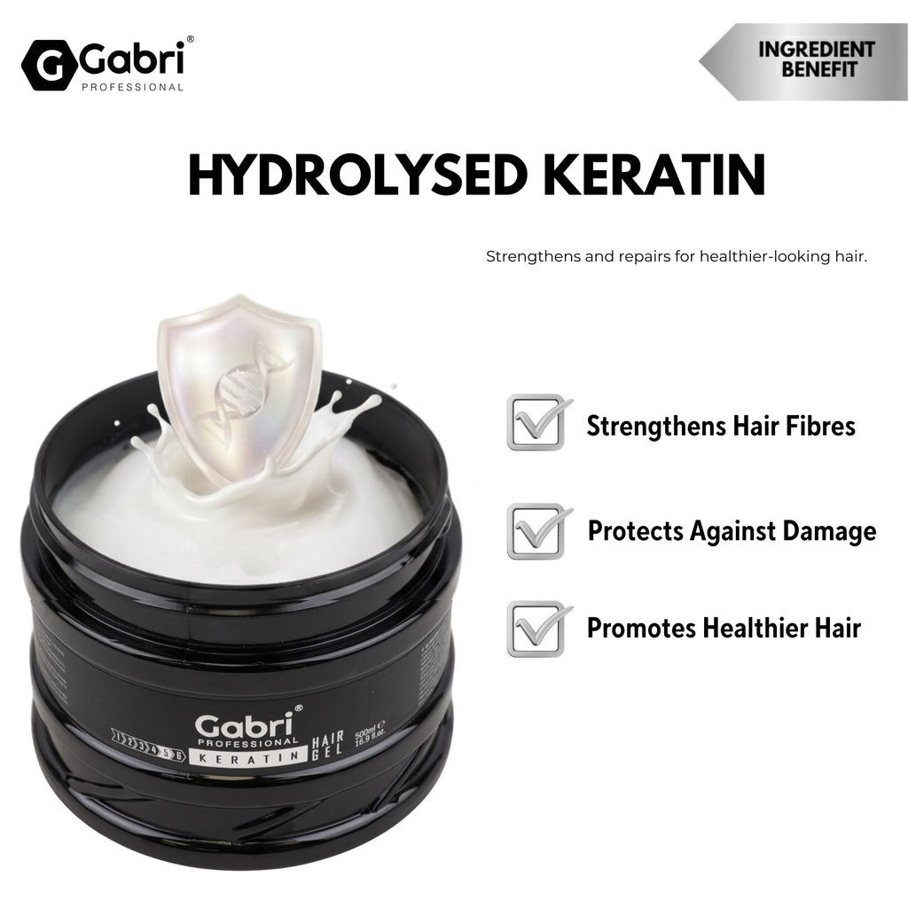 Gabri Hair Styling Gel, Firm Hold Styling Hair Gels, High Gloss, Anti-Frizz Effect, Edge Control, For All Hair Types (250 g (1 Pack), Keratin)
