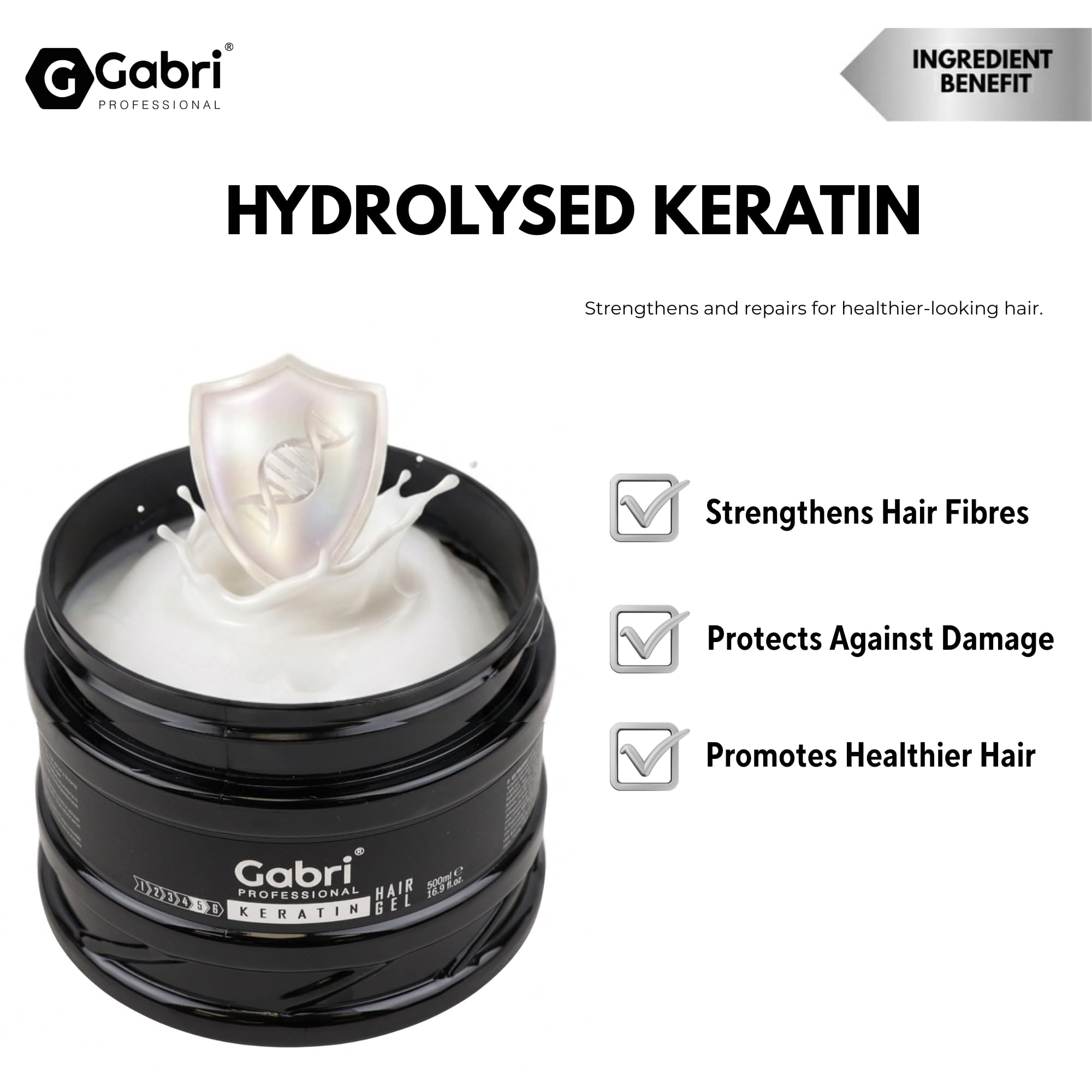 Gabri Hair Styling Gel, Firm Hold Styling Hair Gels, High Gloss, Anti-Frizz Effect, Edge Control, For All Hair Types (250 g (1 Pack), Keratin)