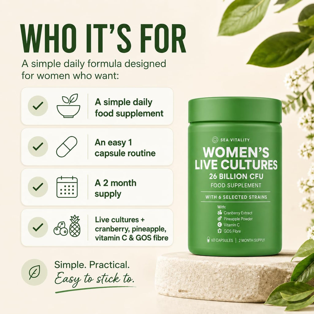 Women's Live Cultures Food Supplement - 26 Billion CFU, 6 Selected Strains with Cranberry Extract, Pineapple Powder, GOS & Vitamin C - 60 Capsules, 1-a-Day Formula for Women, 60 Day Supply