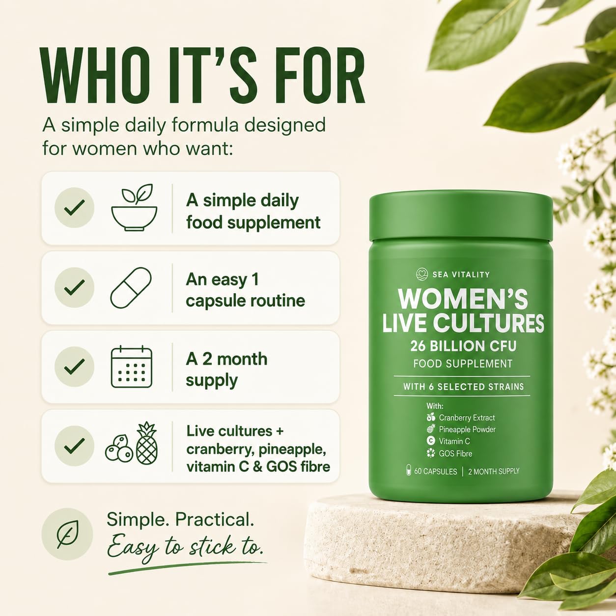 Women's Live Cultures Food Supplement - 26 Billion CFU, 6 Selected Strains with Cranberry Extract, Pineapple Powder, GOS & Vitamin C - 60 Capsules, 1-a-Day Formula for Women, 60 Day Supply