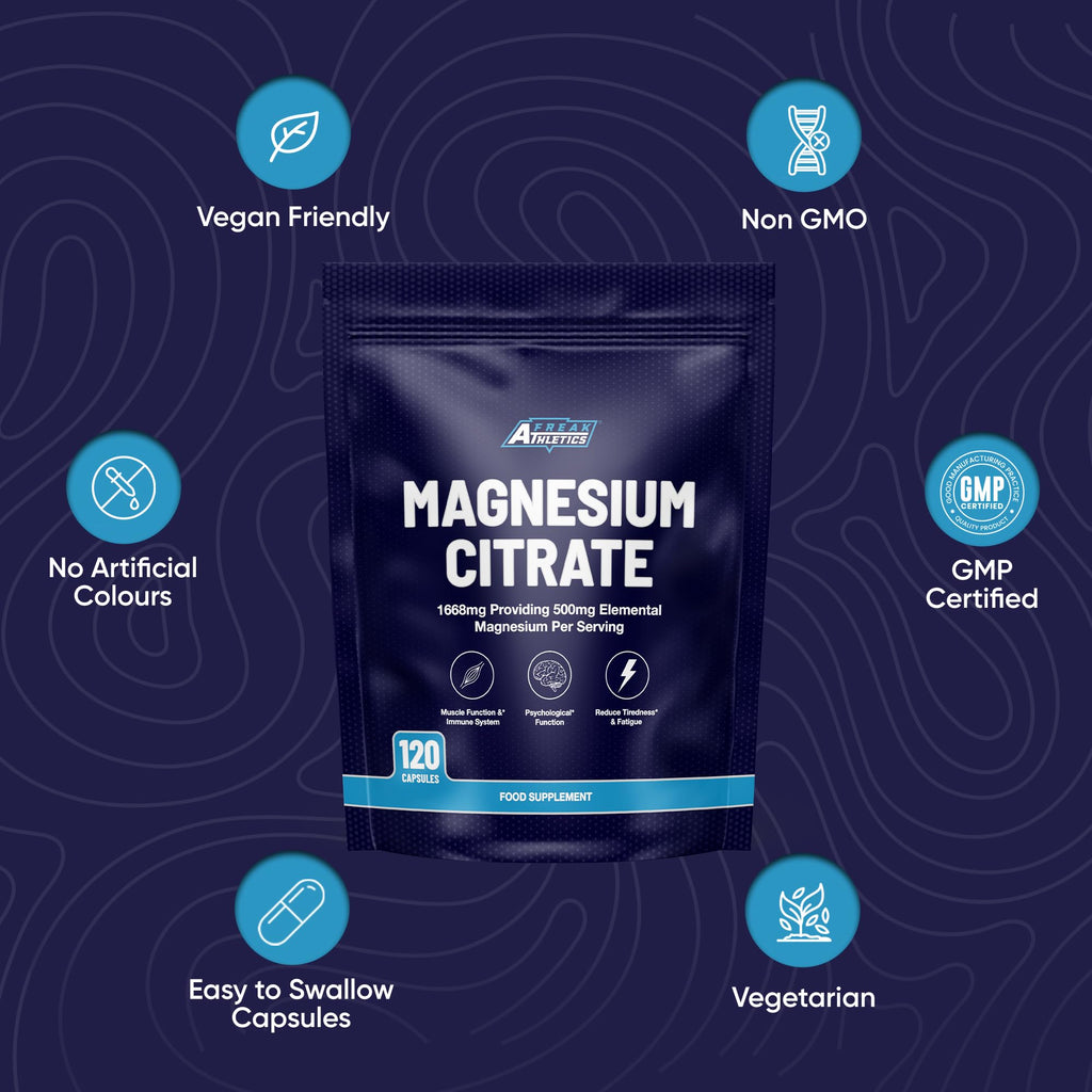 Freak Athletics Magnesium Citrate 500mg - 120 Capsules, 60 Servings,UK Made