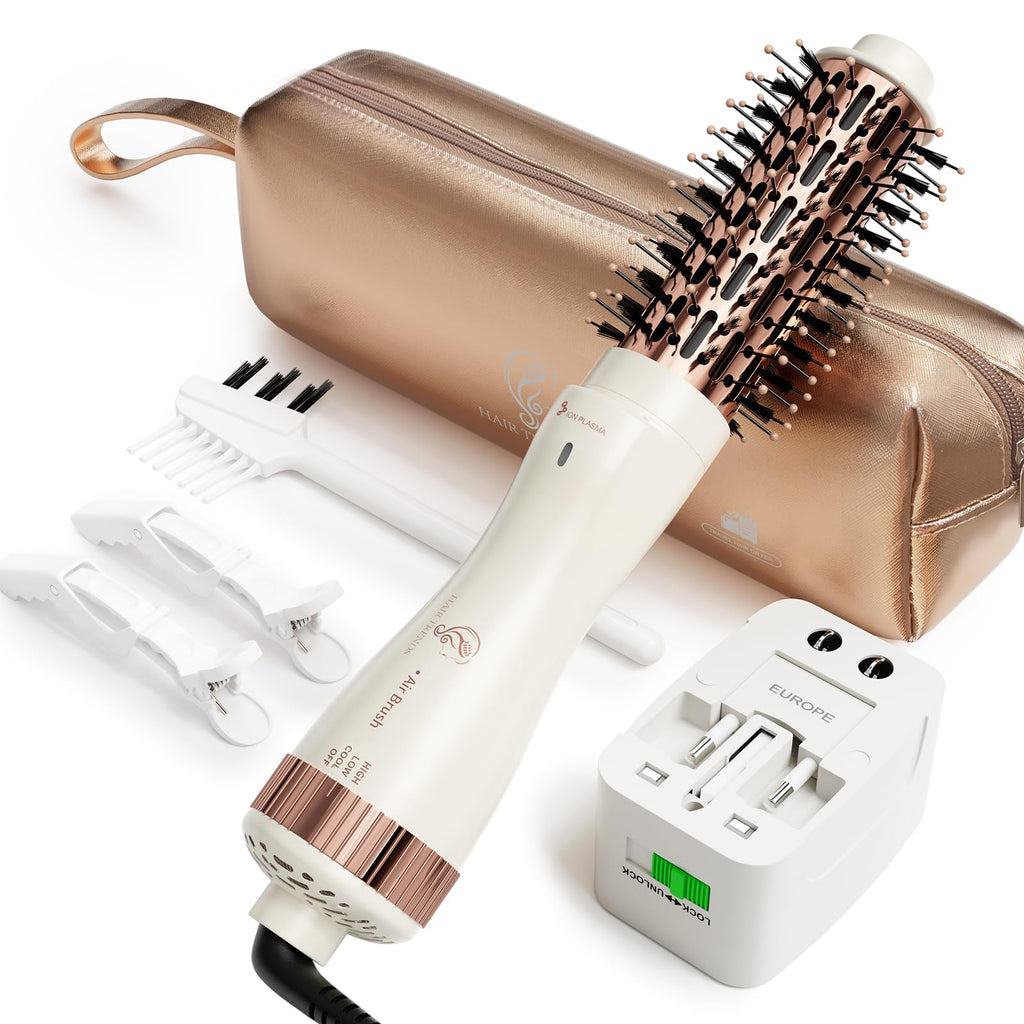 1.5 Inch Barrel (2.8'' Plus Bristles) Dual Voltage(110~250V) Round Brush Blow Dryer for Should Length Hair, Hair Dryer Brush with European Plug Adapter, 4-in-1 Negative Ionic One Step Volumizer Dryer