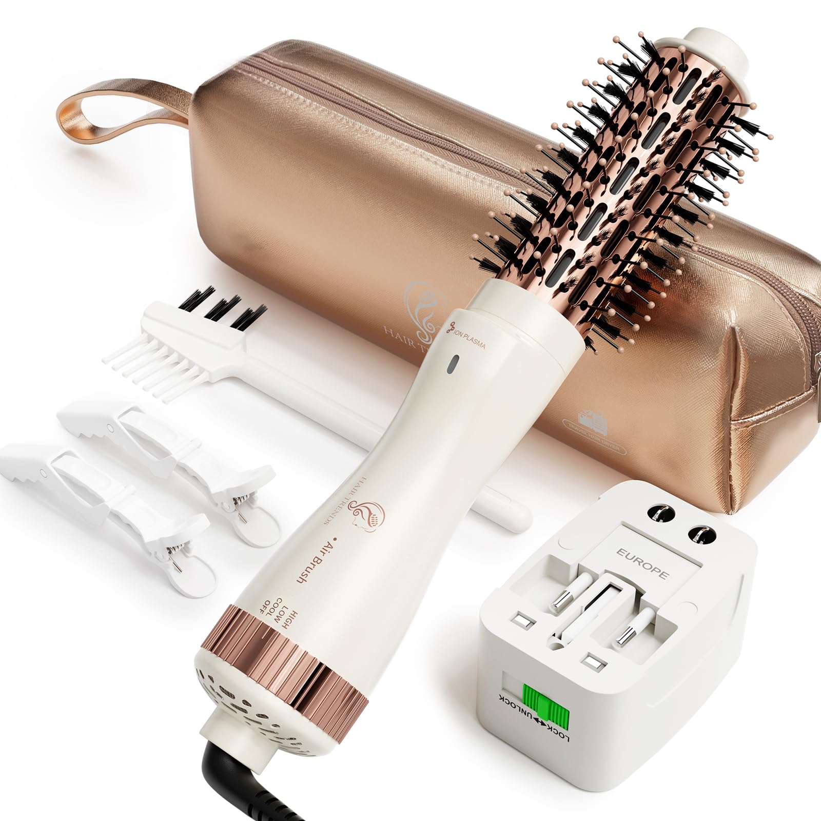 1.5 Inch Barrel (2.8'' Plus Bristles) Dual Voltage(110~250V) Round Brush Blow Dryer for Should Length Hair, Hair Dryer Brush with European Plug Adapter, 4-in-1 Negative Ionic One Step Volumizer Dryer