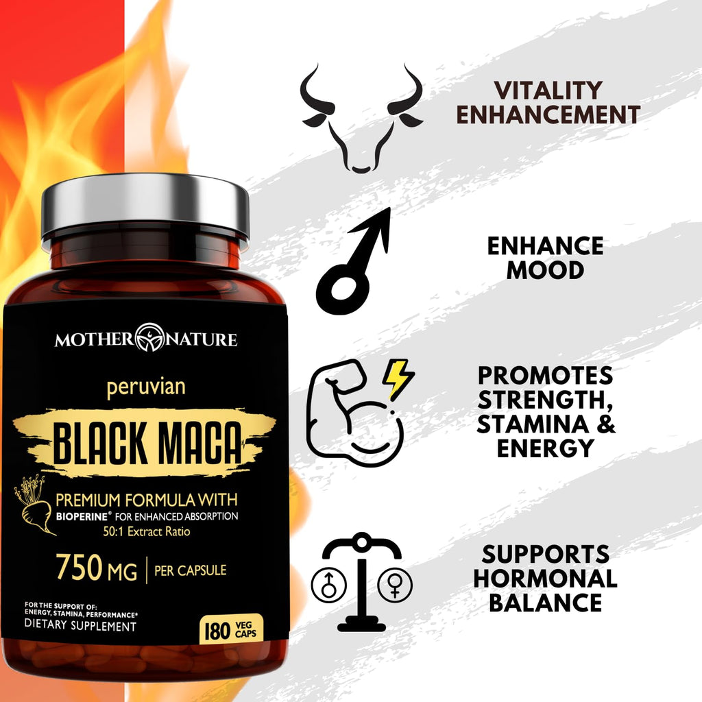 MNO Organic Raw Black Maca 750mg + BioPerine, Energy & Performance, 180ct