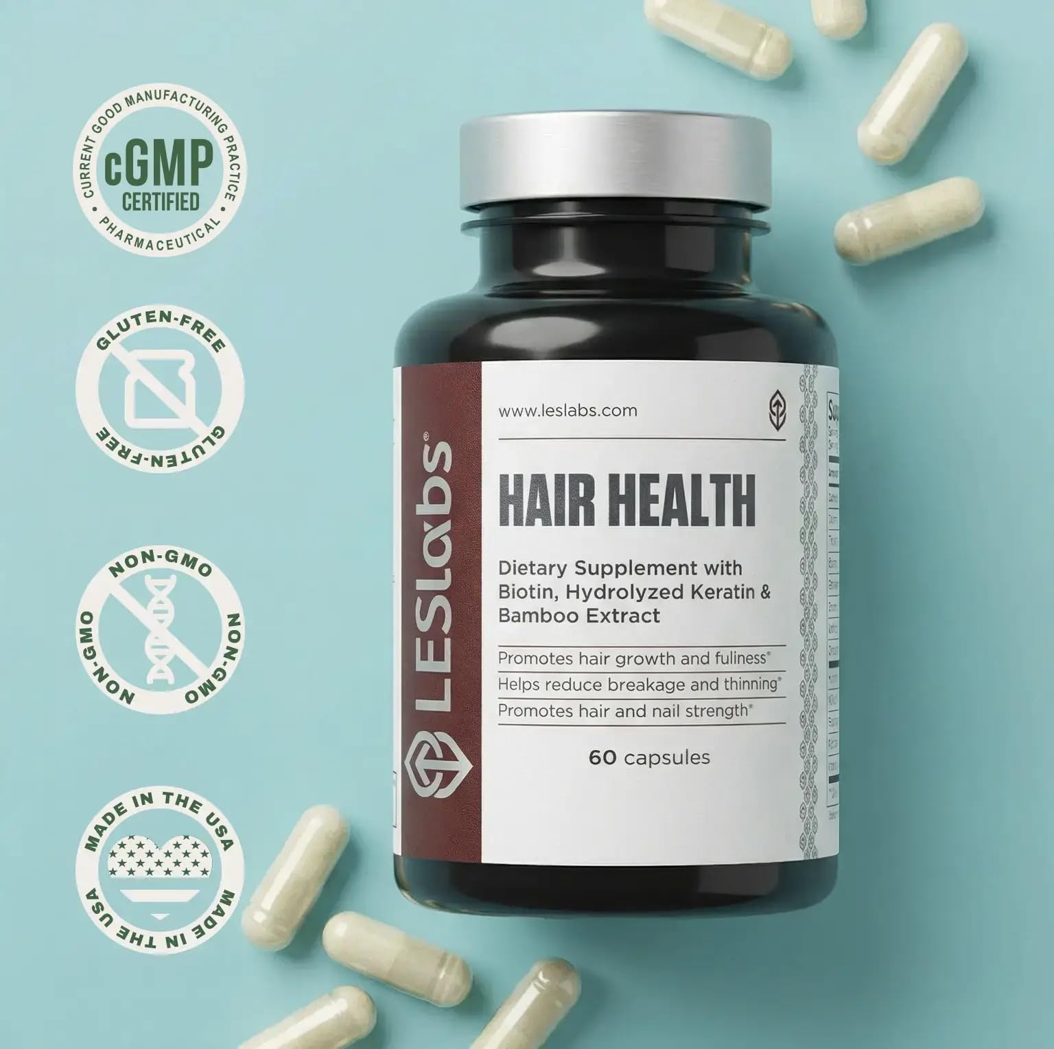 LES Labs Hair Health – Hair Growth & Nails Supplement, Improved Thickness, Strength & Fullness – Keratin, Biotin, Pumpkin Seed & MSM – 60 Capsules