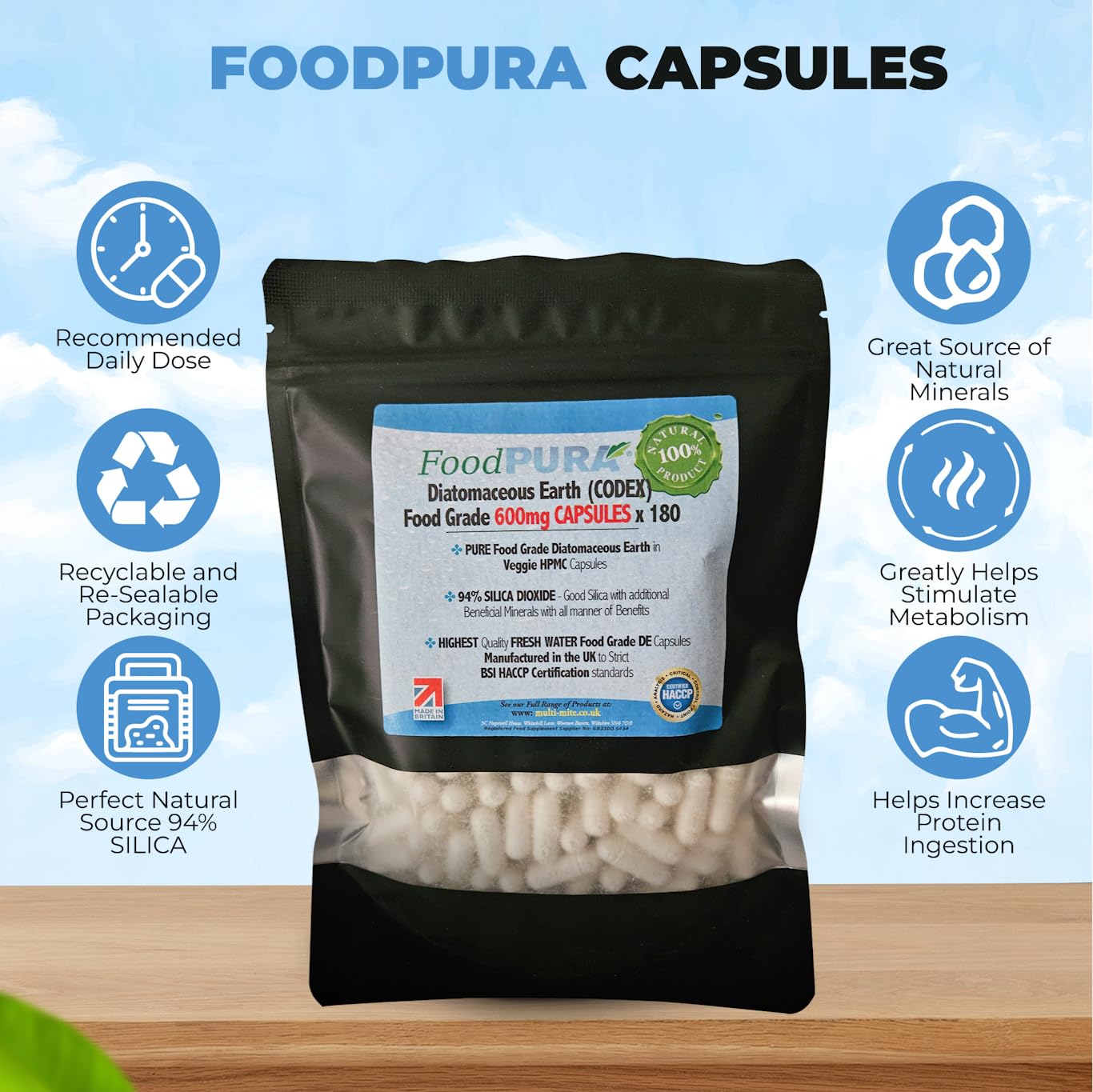 FoodPURA 60 X Food Grade Diatomaceous Earth Capsules (Codex) Pure White 94% Silica Fresh Water Sourced 600mg - Capsules, The SAFEST Way to take Supplements!