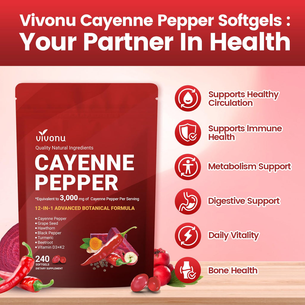 VivoNu Cayenne Pepper Softgels Supplement, Supports Leg Vein, Heart and Blood Vessel Health, with Vitamin E D3+K2 and Extracts of Grape Seed, Hawthorn, Beetroot and Others