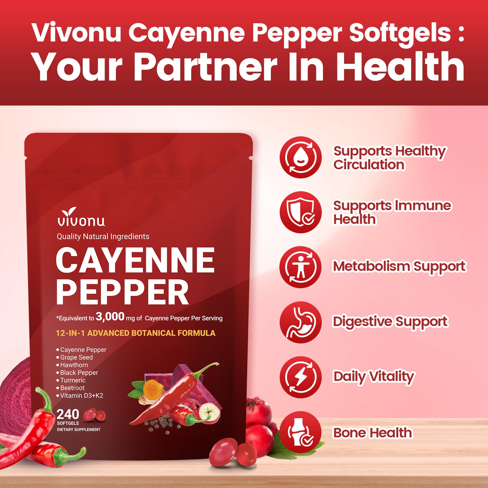 VivoNu Cayenne Pepper Softgels Supplement, Supports Leg Vein, Heart and Blood Vessel Health, with Vitamin E D3+K2 and Extracts of Grape Seed, Hawthorn, Beetroot and Others