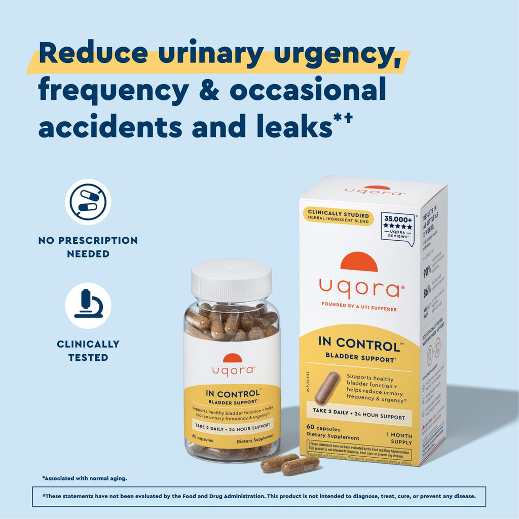 Uqora in Control Bladder Support - Daily Bladder Care Supplement for Urinary Urgency, Frequency & Occasional Leaks - Horsetail & Spicebush - Vegetarian & Gluten-Free - 60 Capsules