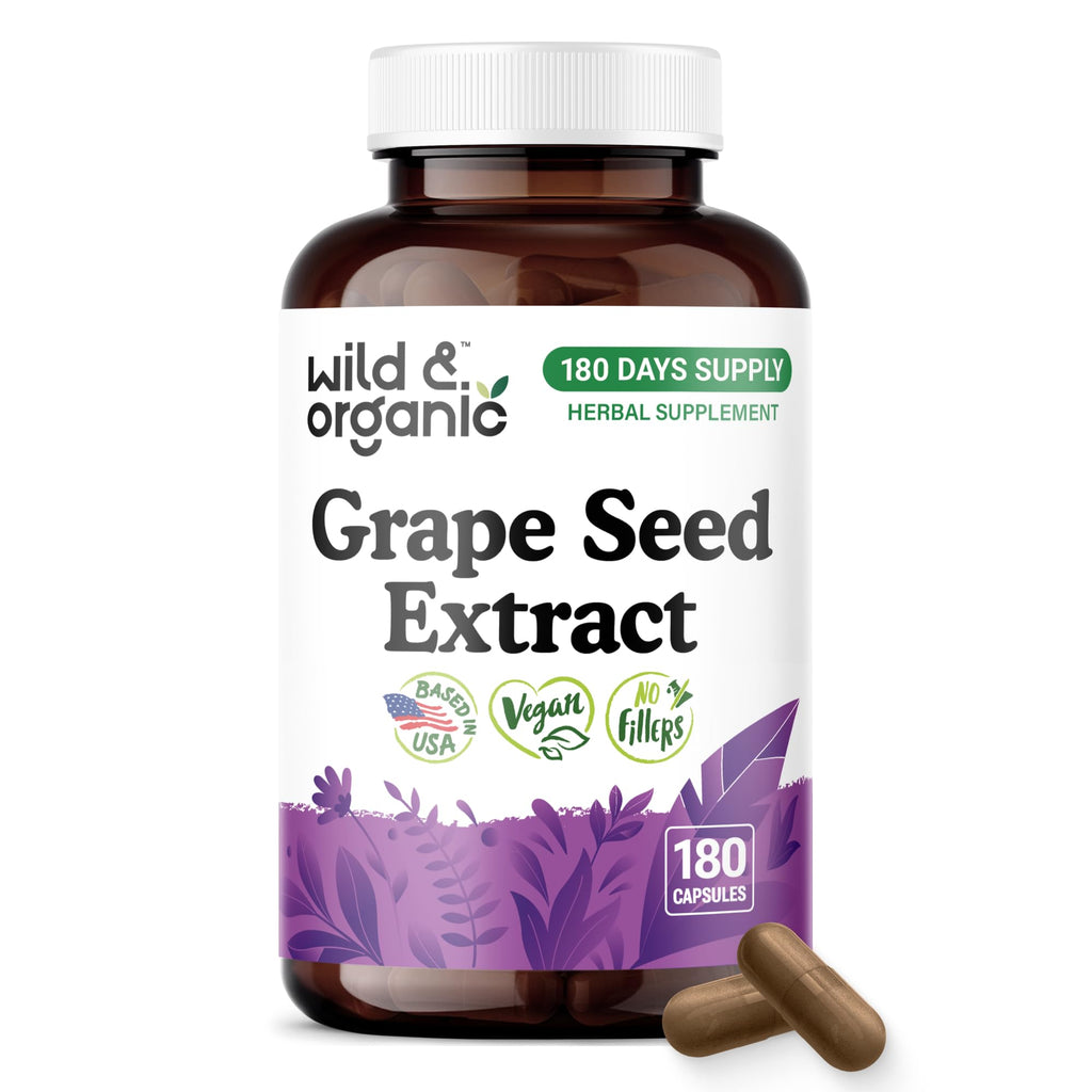 Wild & Organic Grape Seed Extract Capsules - Antioxidant Support - Grapeseed Extract 400 mg - 95% Polyphenols - 180 Vegan Capsules - 6 Month Supply - Non-GMO