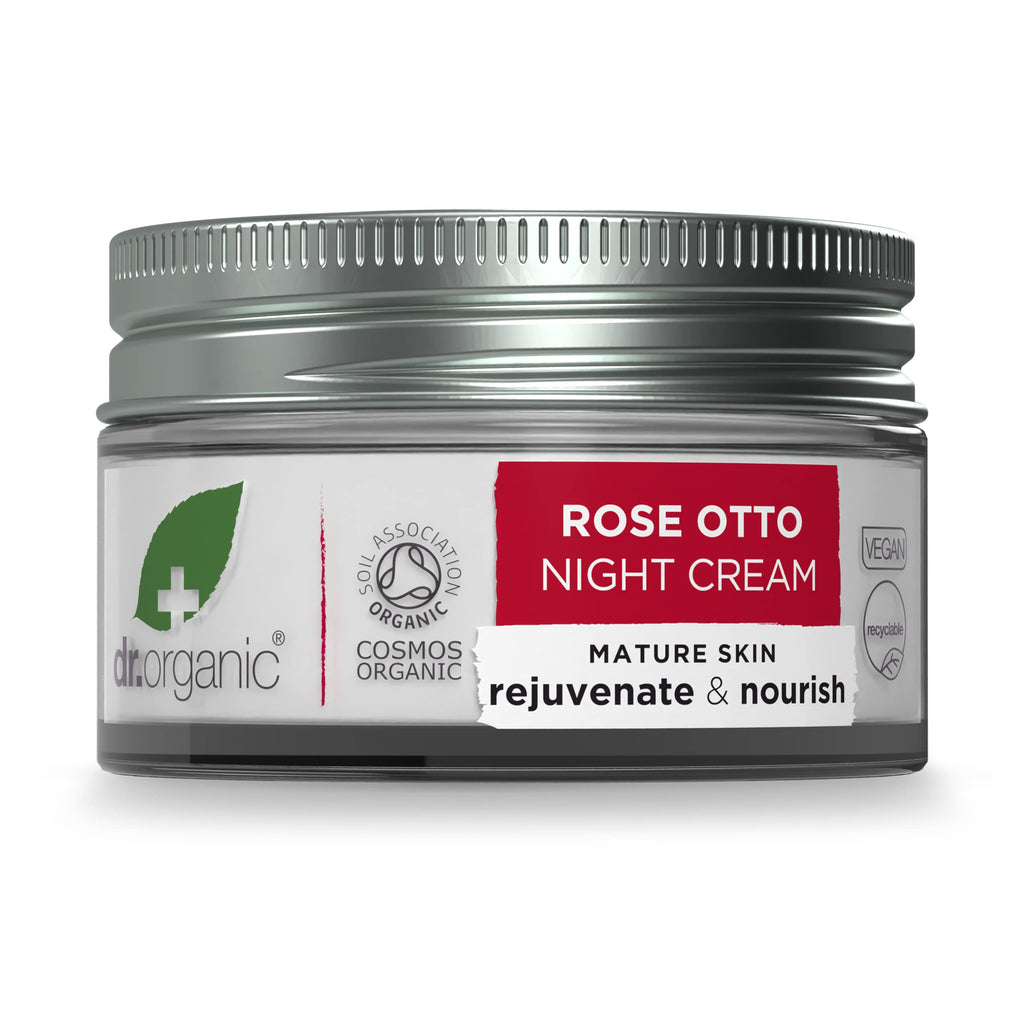 Dr Organic Rose Otto Night Cream, Moisturising, Healthy-Aging, Wrinkles, Natural, Vegan, Cruelty-Free, Paraben & SLS-Free, Recycled & Recyclable, Certified Organic, 50ml, Packaging may vary