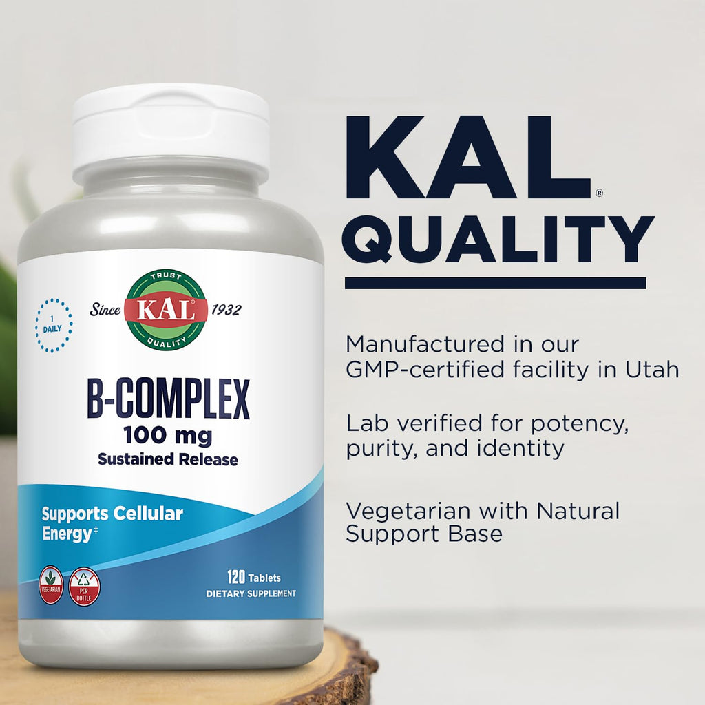 KAL B-100 Complex - Sustained Release Vitamin B Complex - Healthy Energy Support with Natural Base and Fresh Minty Coating - Vegetarian - 60 Day Guarantee - 120 Servings, 120 Tablets