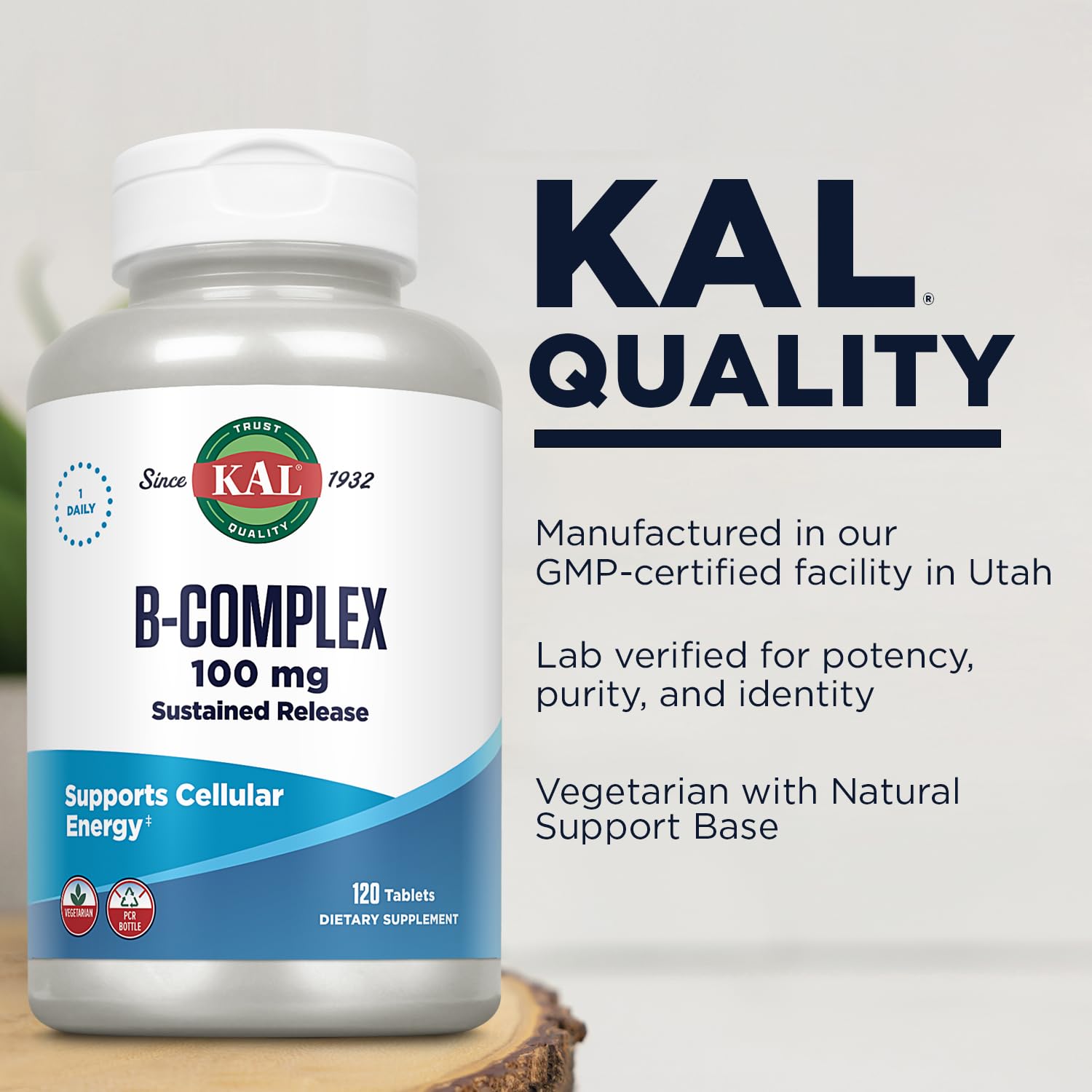 KAL B-100 Complex - Sustained Release Vitamin B Complex - Healthy Energy Support with Natural Base and Fresh Minty Coating - Vegetarian - 60 Day Guarantee - 120 Servings, 120 Tablets