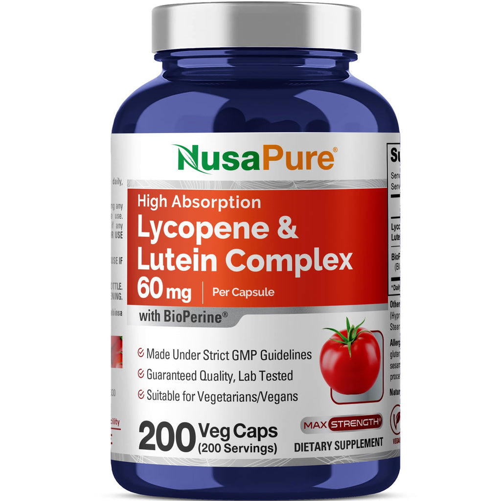 NusaPure Lycopene & Lutein Complex 60mg per Caps, 200 Veggie Capsules (Non-GMO, Vegan)