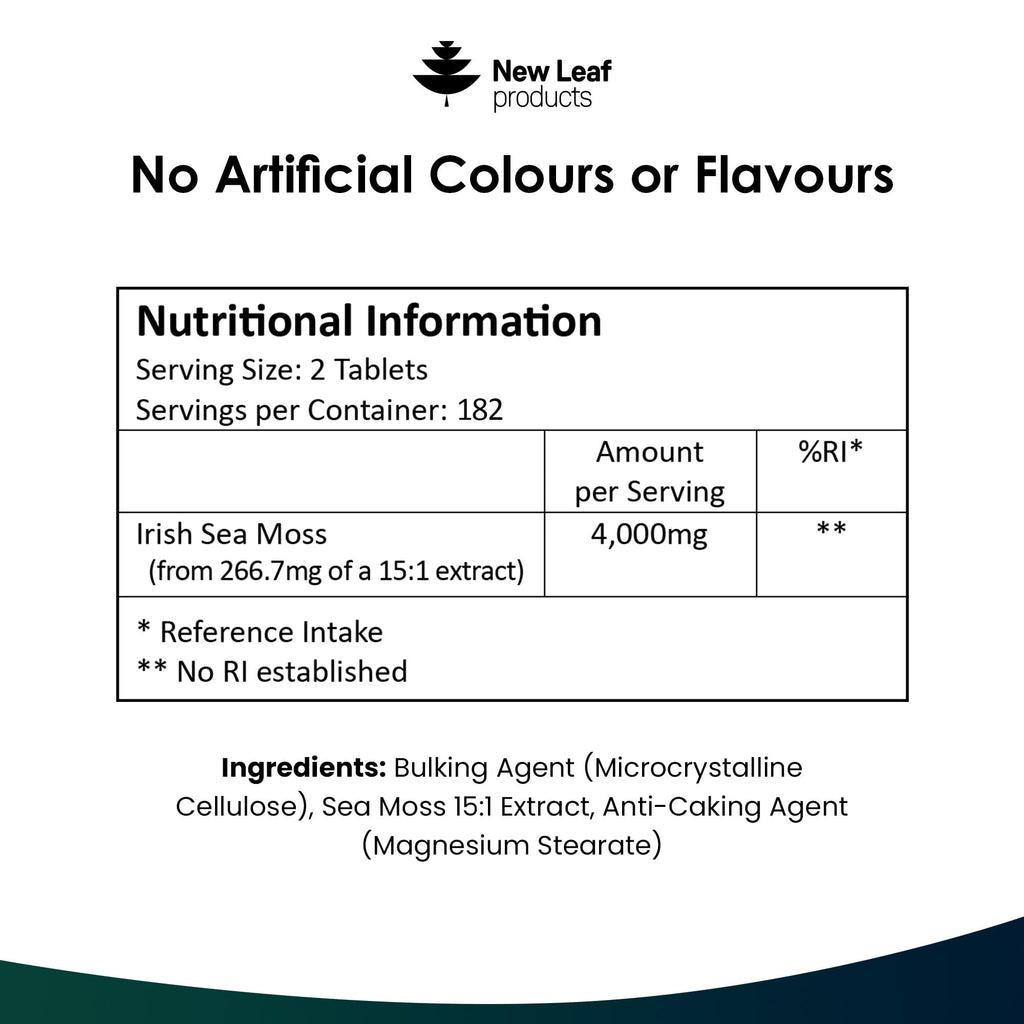 New Leaf Products Sea Moss Tablets Extract High Strength 4000mg - Sea Moss Supplement 365 Tablets (not sea Moss Capsule) High Potency - UK Made - Vegan - Non GMO