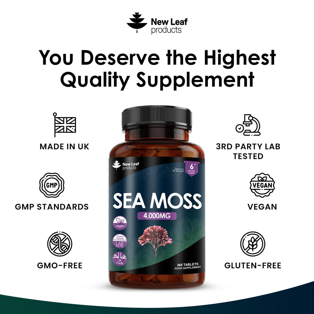 New Leaf Products Sea Moss Tablets Extract High Strength 4000mg - Sea Moss Supplement 365 Tablets (not sea Moss Capsule) High Potency - UK Made - Vegan - Non GMO