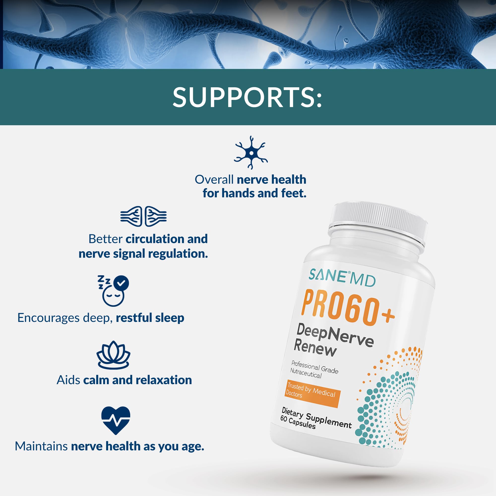 Sane MD PRO60+ DeepNerve Renew Nerve Support Supplement, 30 Capsules