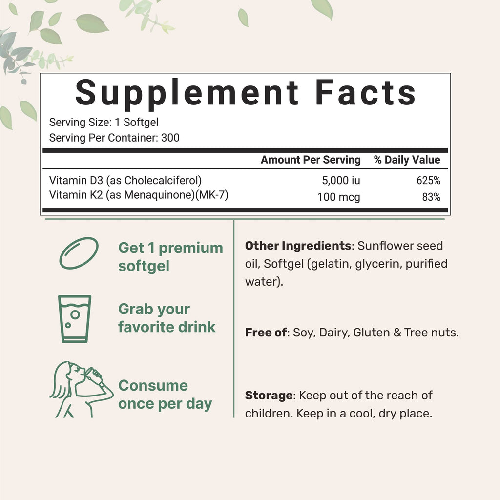 Micro Ingredients Vitamin D3 5,000 IU + K2 MK-7 100 mcg, 2 Pack (600 Softgels) | Liquid-Filled with Sunflower Oil | 2-in-1 Vitamins D & K Complex | Extra Strength, Easy to Swallow, Non-GMO, No Gluten
