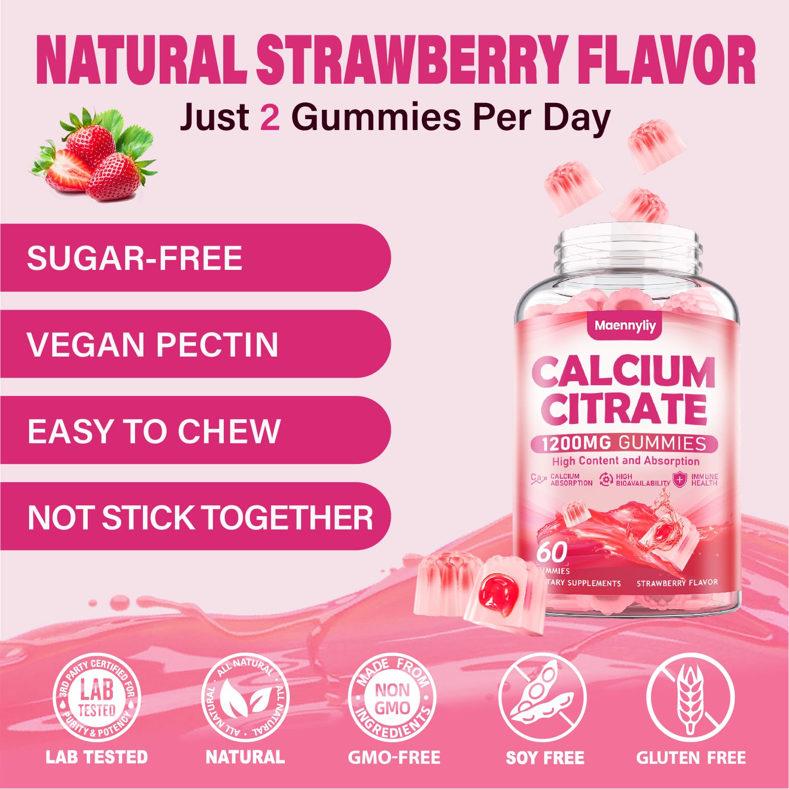 Calcium Citrate Gummies 1200 mg for Adults: Ultimate Absorption Calcium Supplement for Women & Men - Easy to Digest, Vegan, Non-GMO, Gluten Free - Natural Strawberry Flavor