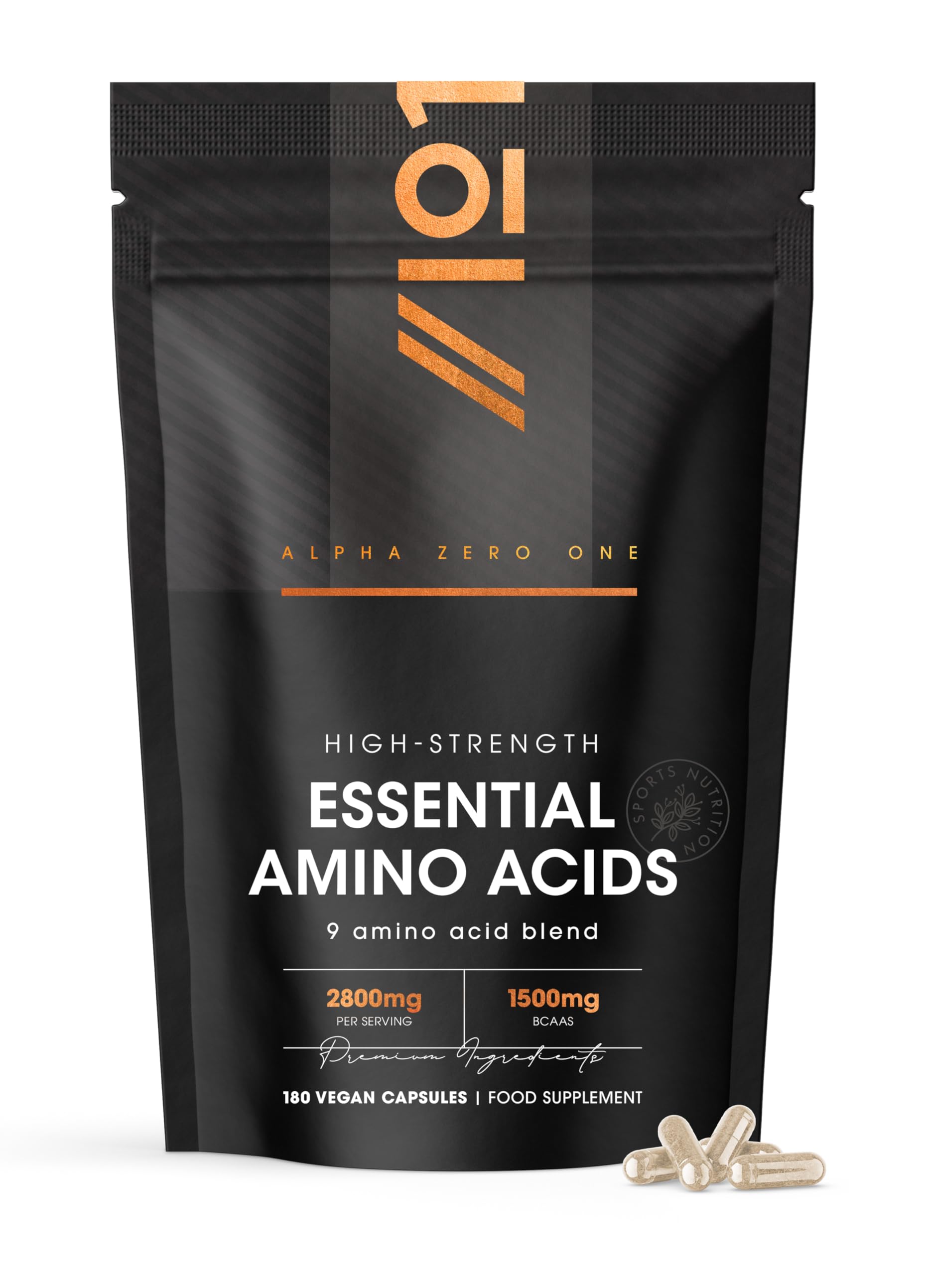 Essential Amino Acids 2800mg with BioPerine® – 180 Vegan Capsules – All 9 EAA Amino Acids with All 3 BCAA's Plus 6 More EAAs to Build and Repair Muscle - by Alpha01