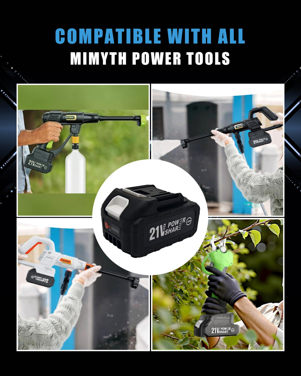 MIMYTH 21V Battery Replacement & Supplement Cordless Power Tools (Cordless Pressure Washer), 21 Volt Lithium Battery with Power Chargers, Cordless Tool Battery Packs