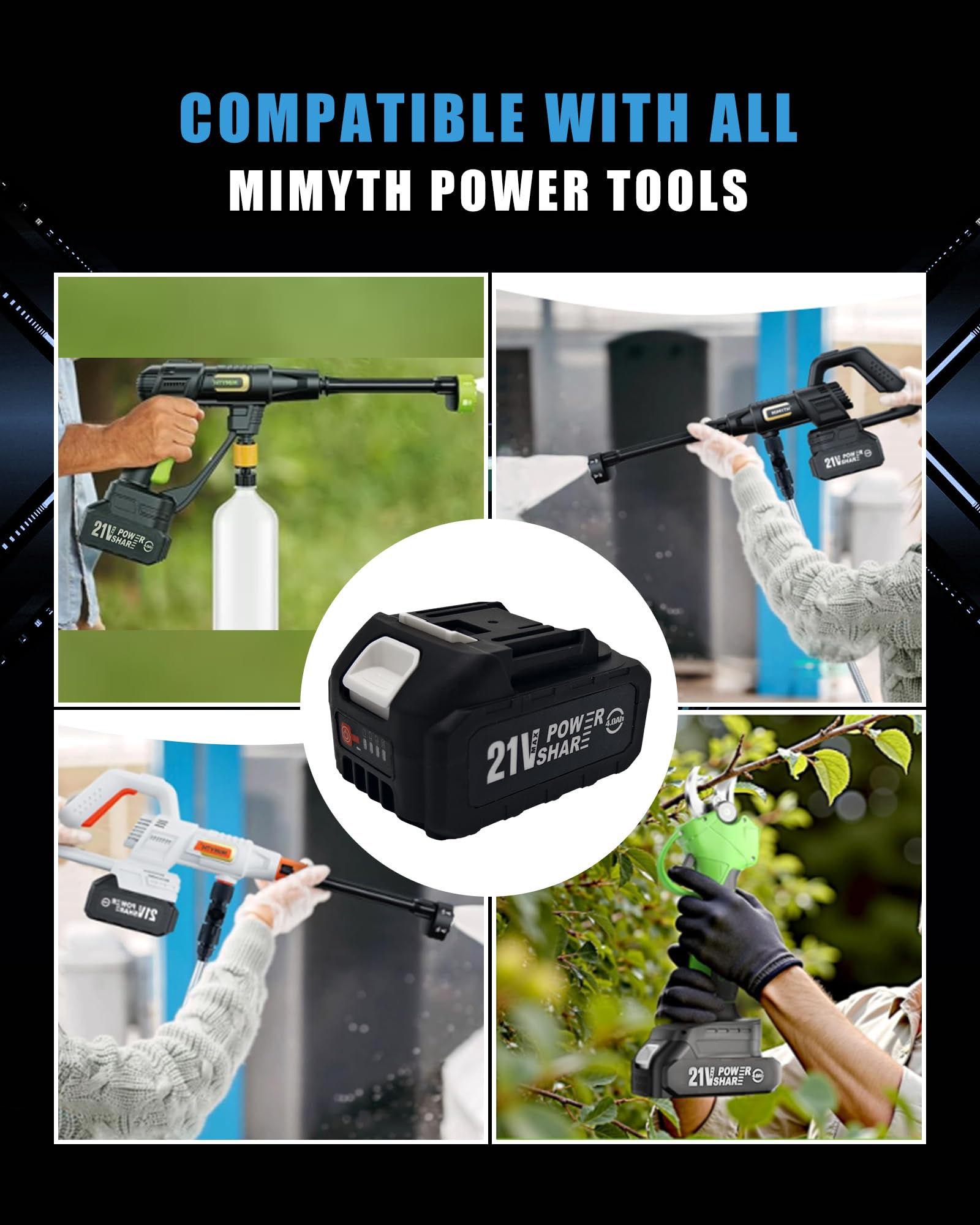 MIMYTH 21V Battery Replacement & Supplement Cordless Power Tools (Cordless Pressure Washer), 21 Volt Lithium Battery with Power Chargers, Cordless Tool Battery Packs