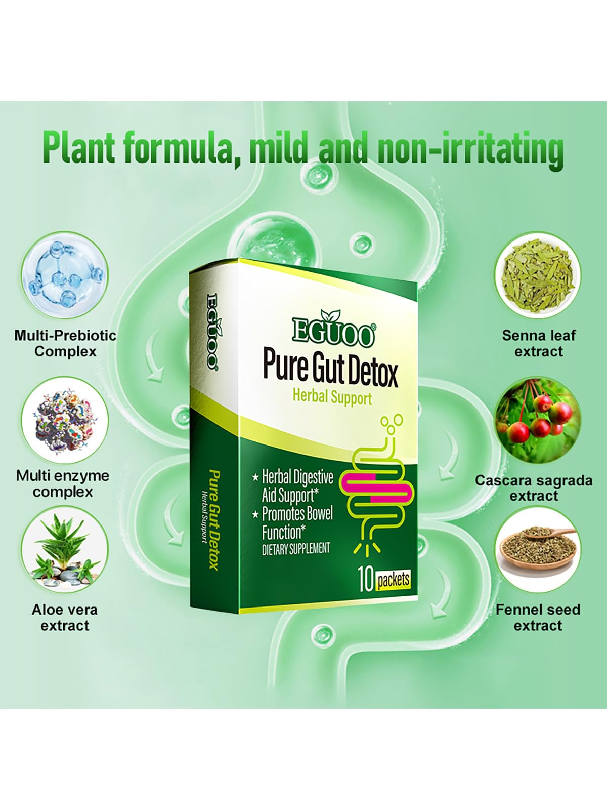 EGUOO Pure Gut Detox Powder – Bloating & Digestive Support | 10 Sachets Colon Cleanse with 2,456mg Prebiotics, DigeZyme® Enzymes & Senna | Supports Regularity for Women & Men