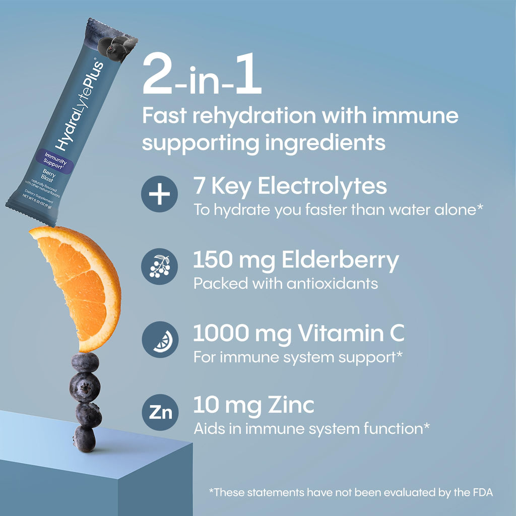 Hydralyte Electrolytes Plus Immunity, Elderberry - Low Sugar Rapid Rehydration Powder - Lightly Sparkling Electrolyte Powder Packets with 1,000mg Vitamin C and 300 mg Elderberry (8oz Serve, 20 Count)