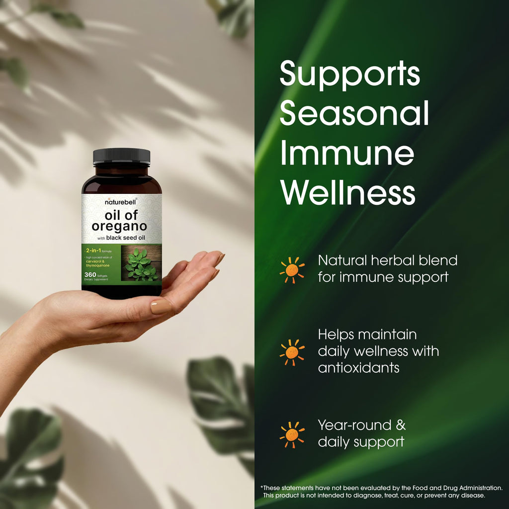 NatureBell Oil of Oregano with Black Seed Oil - 360 Softgels - 2-in-1 Herbal Complex for Immune Health* - Includes Carvacrol, Thymoquinone & Extra Virgin Olive Oil - Non-GMO