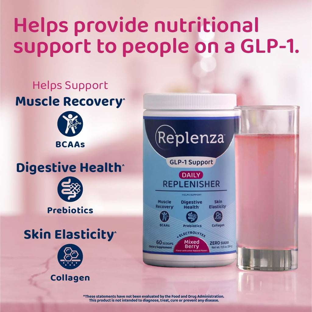 Replenza Daily Replenisher GLP-1 Nutritional Support, Powder, Muscle Recovery, Digestive Health & Skin Elasticity Mix of Amino Acids, Prebiotics and Collagen Peptides – Berry Flavor, 60 Scoops,13.5 OZ