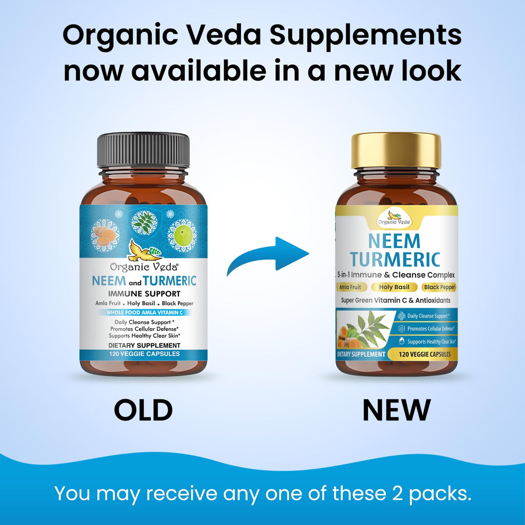 Organic Veda Neem Turmeric Capsules - 5 in 1 Herbal Complex with Amla Fruit, Holy Basil, Black Pepper - Immune, Cleanse, Skin & Gut Health Supplement with Vitamin C & Antioxidants 120 Vegan Capsules