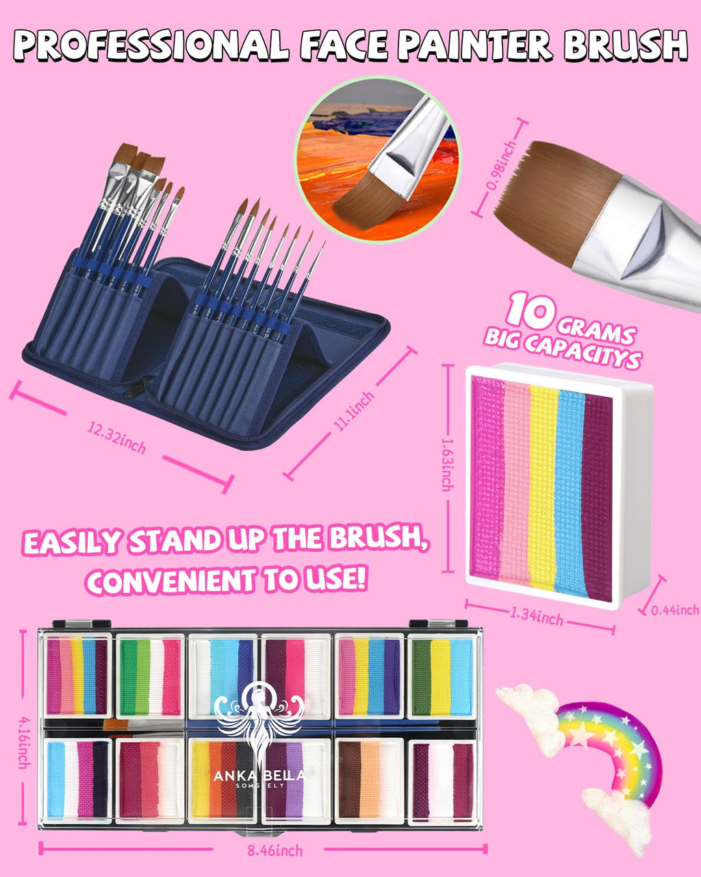 Anka Bella Professional Face Painting Kit for Kids,12X10gm Water Activated Rainbow Cake Face Paint with Stencil & Brushes,Hypoallergenic & Non-Toxic,Gift for Birthday Parties/Halloween/Carnival
