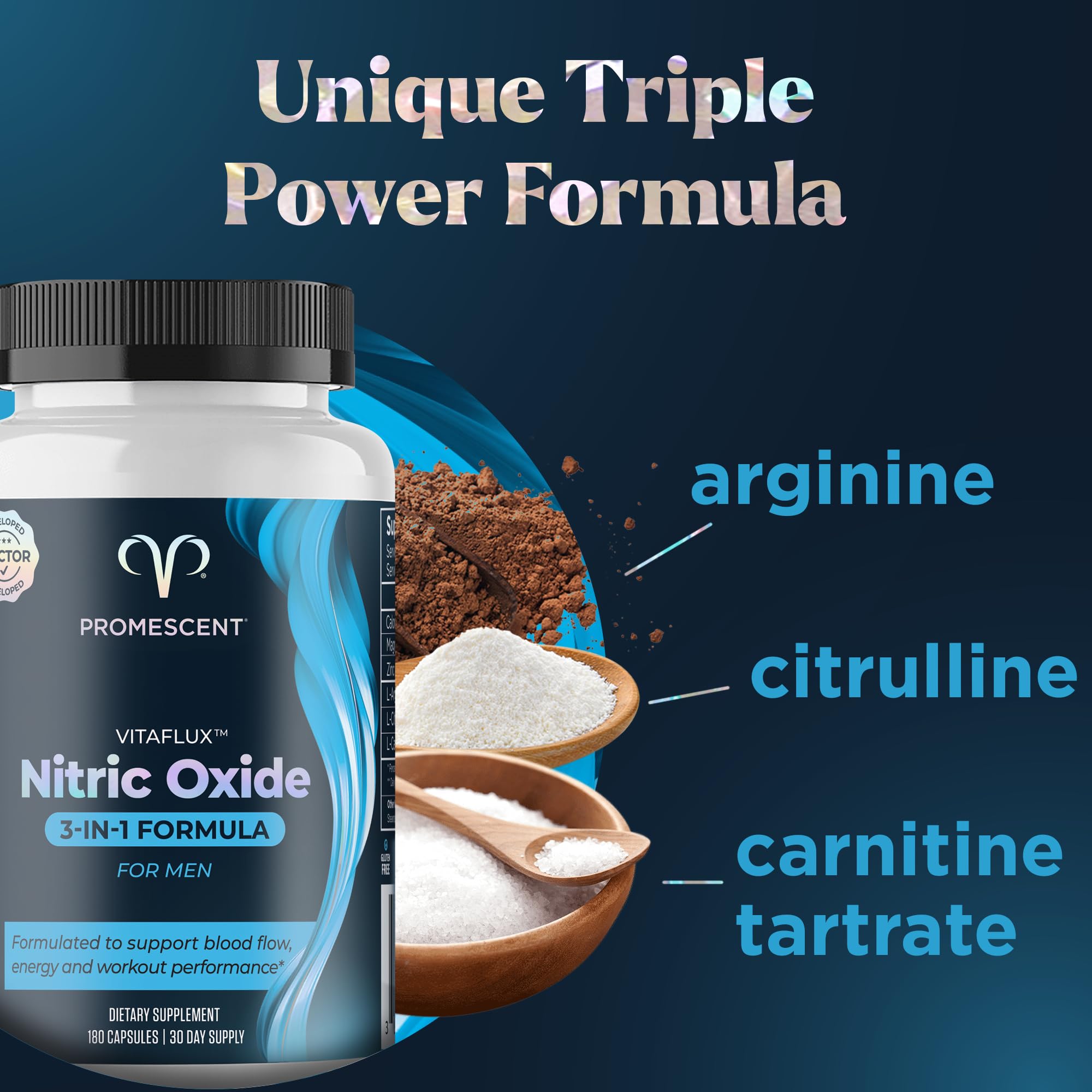 Promescent VitaFLUX Nitric Oxide Supplements for Men, Fast Acting Male Enhancing Pills for Stamina, Size & Performance, L-Arginine L-Citrulline L-Carnitine (30 Servings)