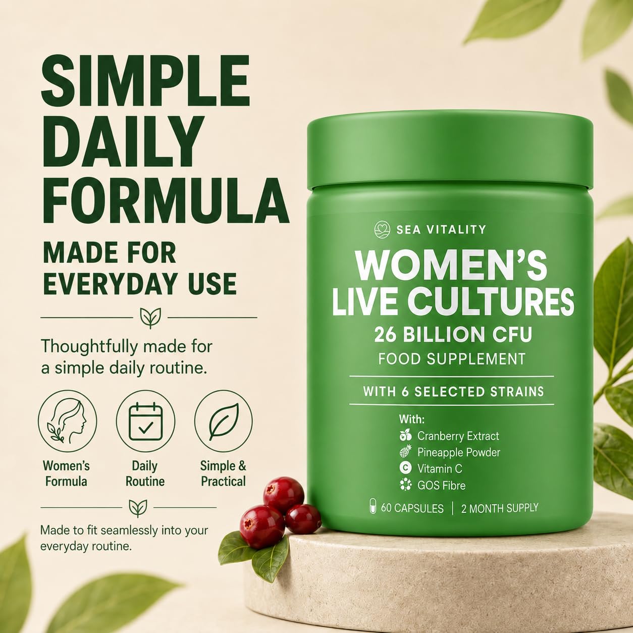 Women's Live Cultures Food Supplement - 26 Billion CFU, 6 Selected Strains with Cranberry Extract, Pineapple Powder, GOS & Vitamin C - 60 Capsules, 1-a-Day Formula for Women, 60 Day Supply
