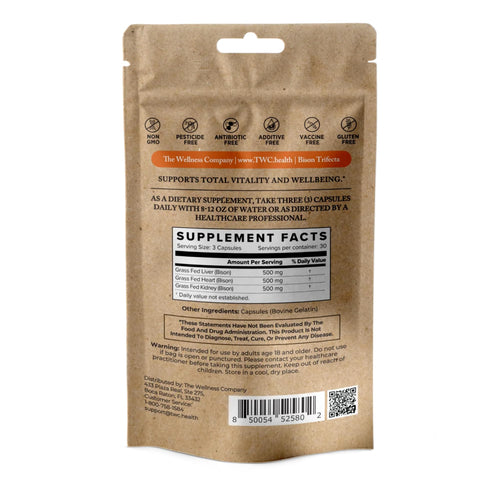 Bison Trifecta - Super-Bioavailable Multivitamin, Heme Iron, All Natural - Heart, Kidney, Liver, Grass-Fed & Finished, No Vaccines or Hormones | 90ct (1 Month Supply)