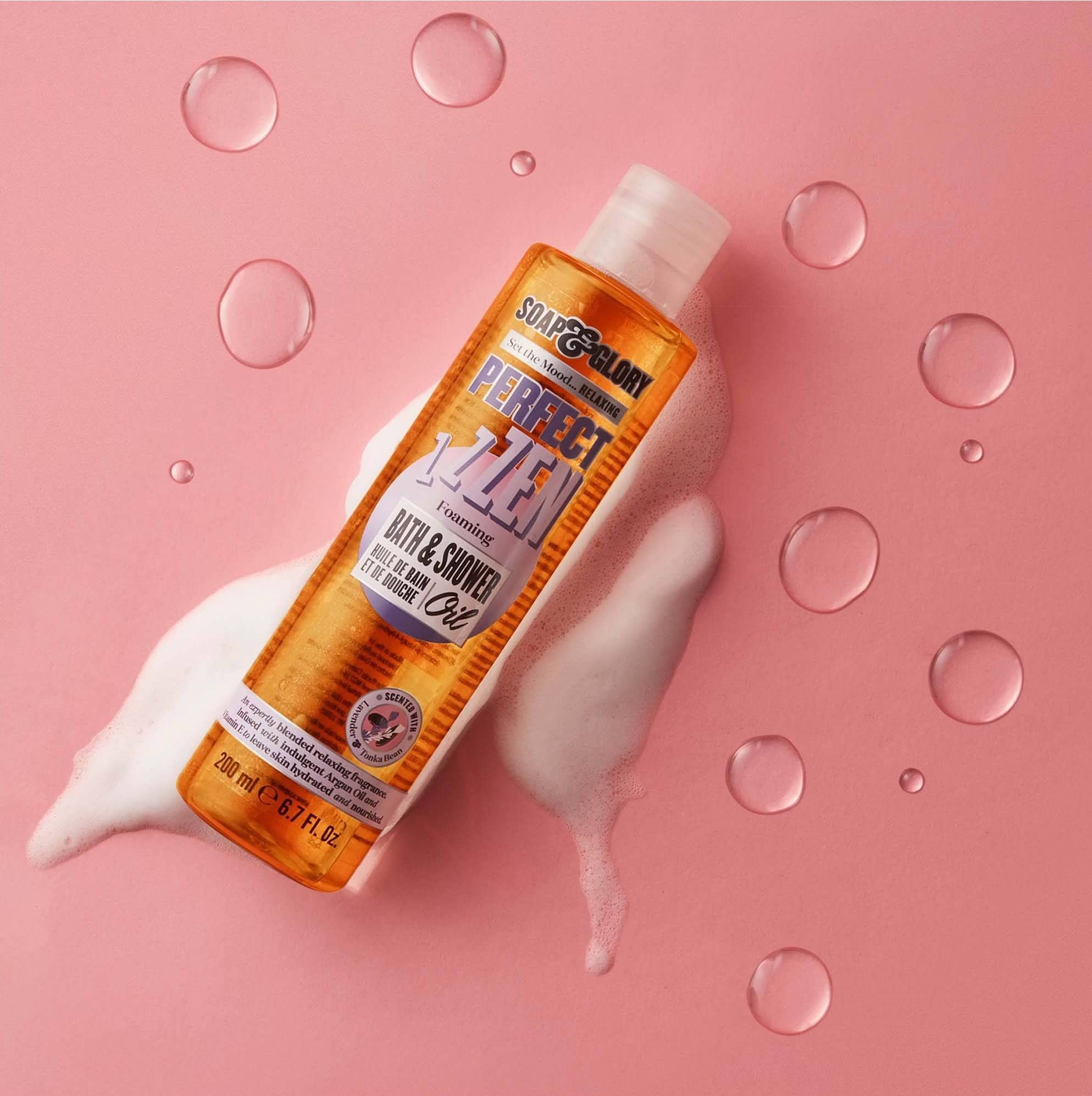 Soap & Glory Perfect Zen Nourishing Bath & Shower Oil - Lavender Oil & Tonka Bean Scented Body Care - Vitamin E & Argan Oil Body Moisturizer - Foaming Bath Oil (200ml)