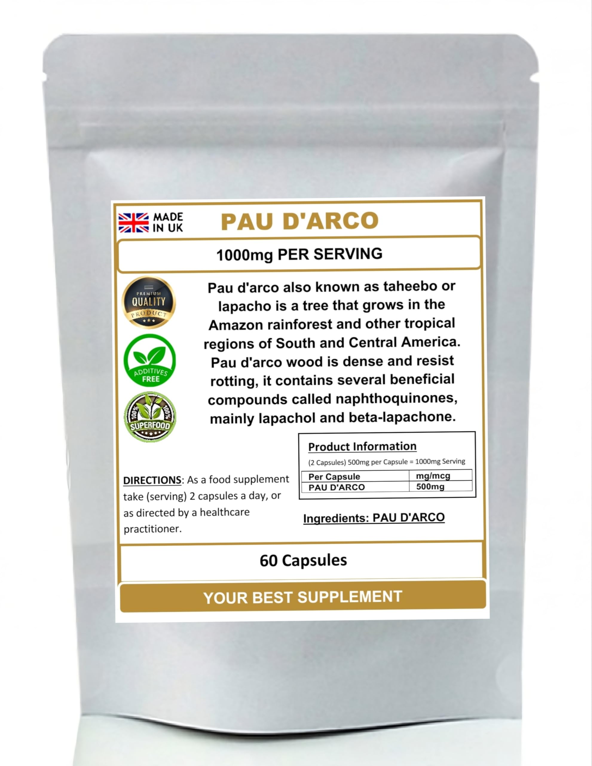 PAU D'ARCO Capsules 100% Pure (No additives No Fillers) Taheebo, Lapacho (60)