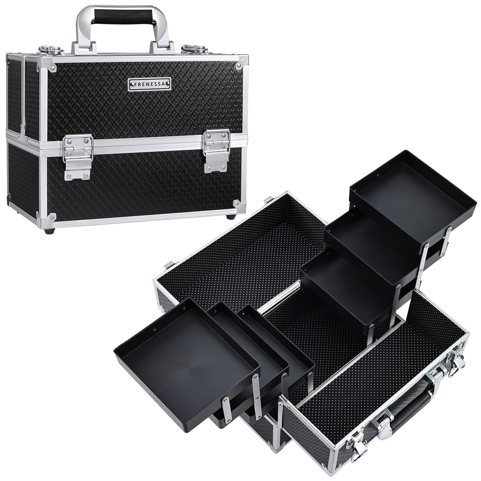 FRENESSA Makeup Train Case Makeup Case 11.8 Inch Large Cosmetic Box Organizer Travel Storage Professional Make Up Train Carrying Case with 6 Trays Locking Hard Vanity Storage Black