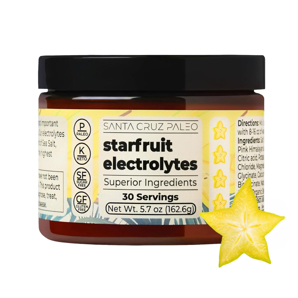 Santa Cruz Paleo Electrolyte Powder, Starfruit Flavor, Sugar Free Hydration Drink Mix with Himalayan Pink Salt, Sea Salt, Magnesium Glycinate, Potassium Chloride, Sweetened with Stevia, 30 Servings