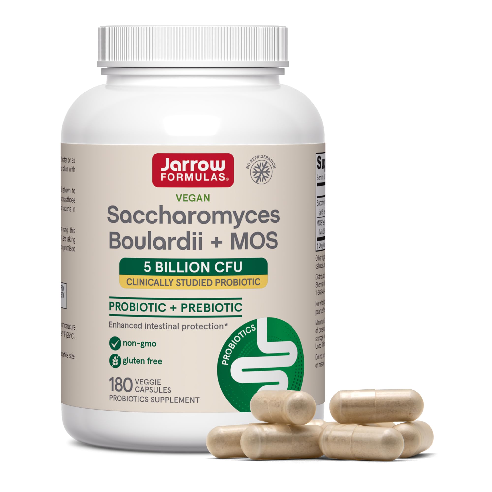 Jarrow Formulas Saccharomyces Boulardii + MOS Probiotics for Digestive Health and Intestinal Tract Support - 5 Billion CFU Per Serving - 180 Delayed Release Caps - Probiotic + Prebiotic - 180 Servings