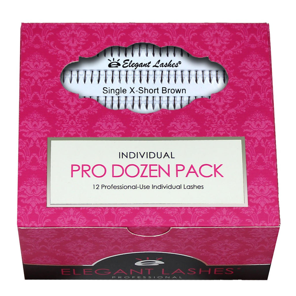 Elegant Lashes Individual Single X-Short Brown Lashes (Pro Dozen Pack - 12 Trays)