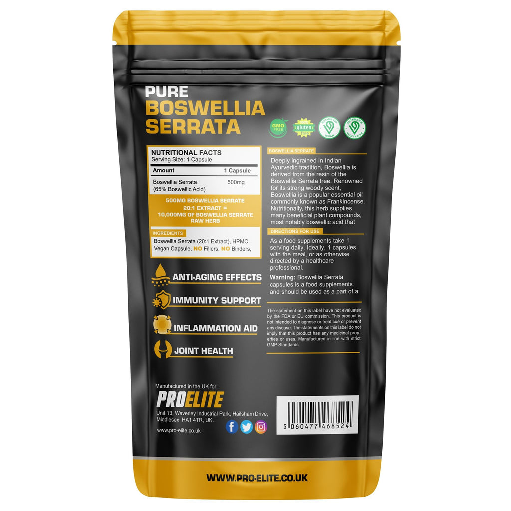 Boswellia Serrata Extract 10,000mg 30 Capsules (1 Months Supply) – 65% Boswellic Acid (500mg per Capsule) | Joint Care Supplements | Indian Frankincense Resin by PROELITE