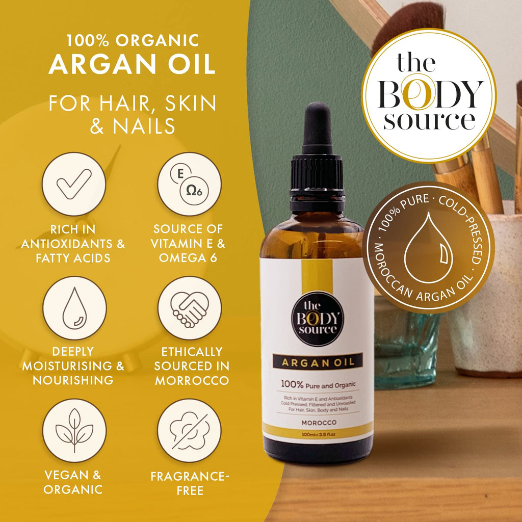100% Organic Argan Oil, 100ml - Pure Cold Pressed Moroccan Argan Oil for Hair, Skin and Nails, Ethically Sourced, Bottled in Morocco, Multi-Use Beauty Oil for Daily Nourishing and Moisturising Care