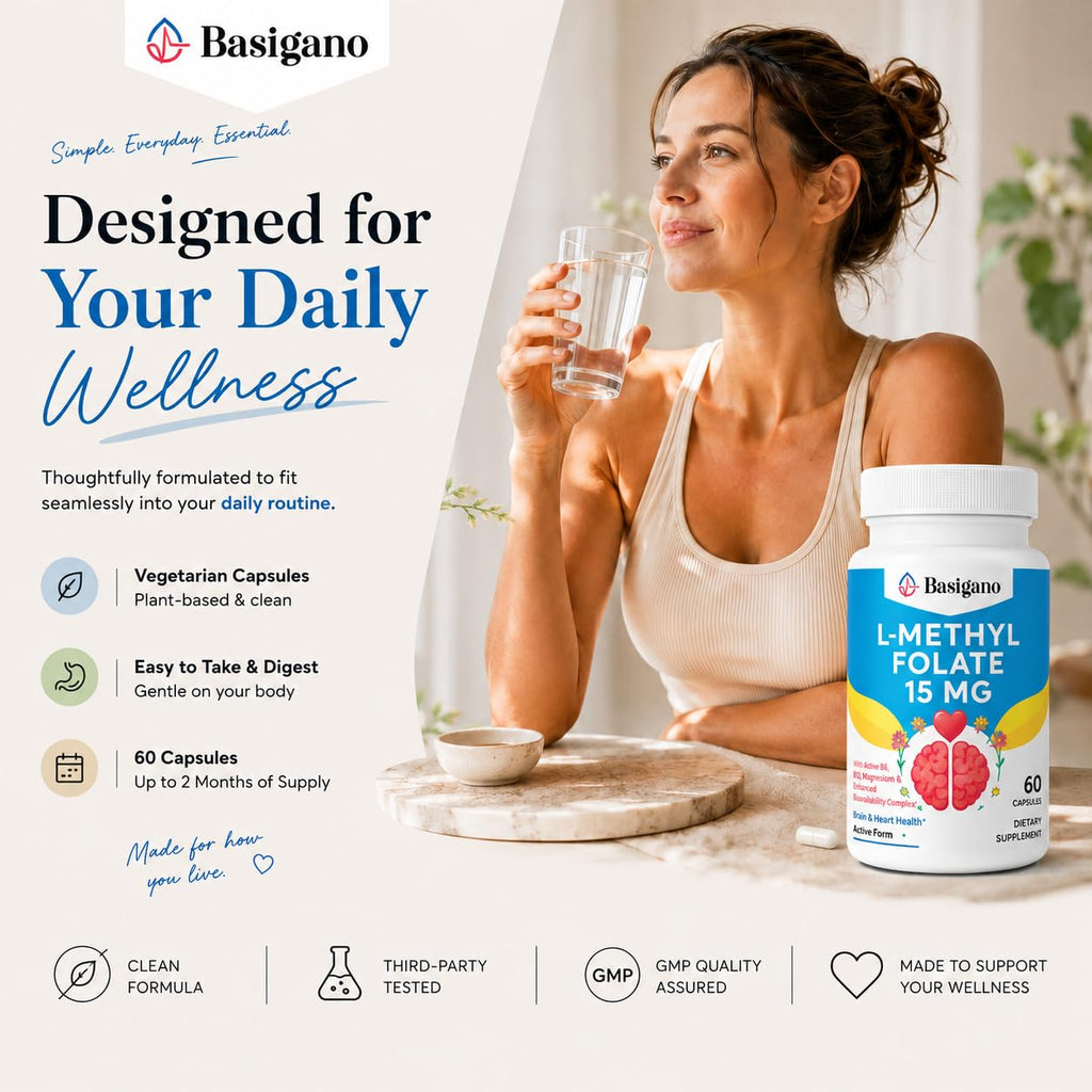 Basigano 15mg L Methylfolate (5-MTHF)- Active Folic Acid-Enriched with Vitamins B6 and B12-60 Vegetarian Capsules - Non-GMO, Gluten-Free