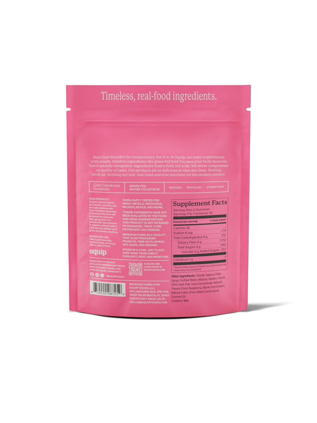 Equip Foods Core Bovine Colostrum Gummies - Delicious 1g Per Seving Grass Fed Colostrum Supplement - Gut Health, Immunity, Recovery, Hair & Skin - 60 Bovine Colostrum Gummies, 30 Servings, Raspberry