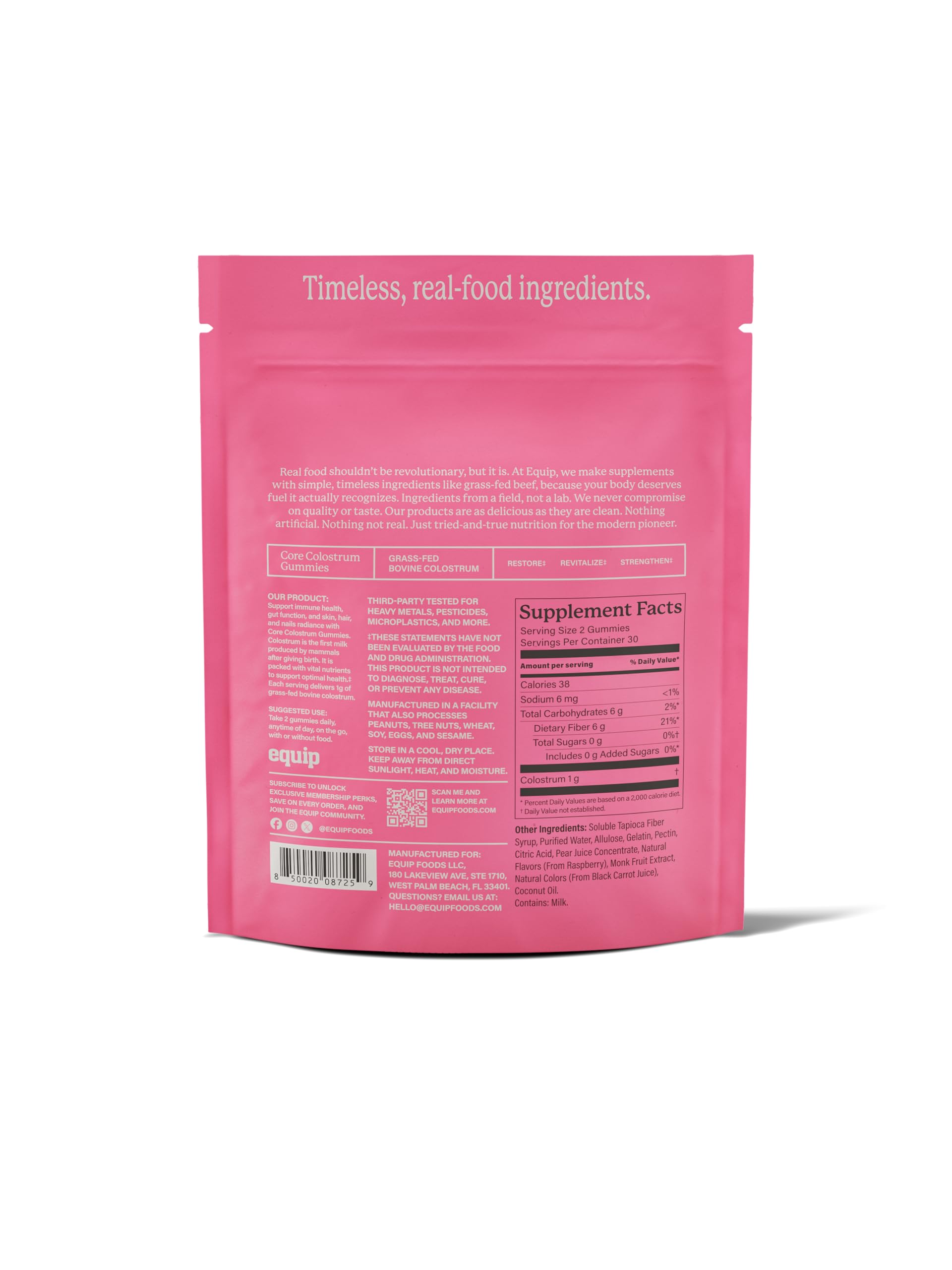 Equip Foods Core Bovine Colostrum Gummies - Delicious 1g Per Seving Grass Fed Colostrum Supplement - Gut Health, Immunity, Recovery, Hair & Skin - 60 Bovine Colostrum Gummies, 30 Servings, Raspberry
